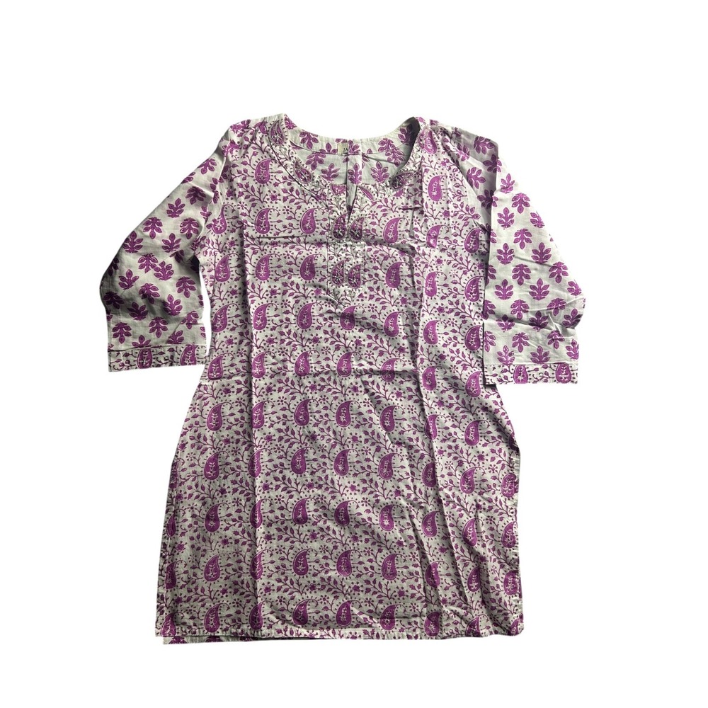 Purple Paisley Block Print Kurta Tunic Kids Beaded Sequin Embellished Top